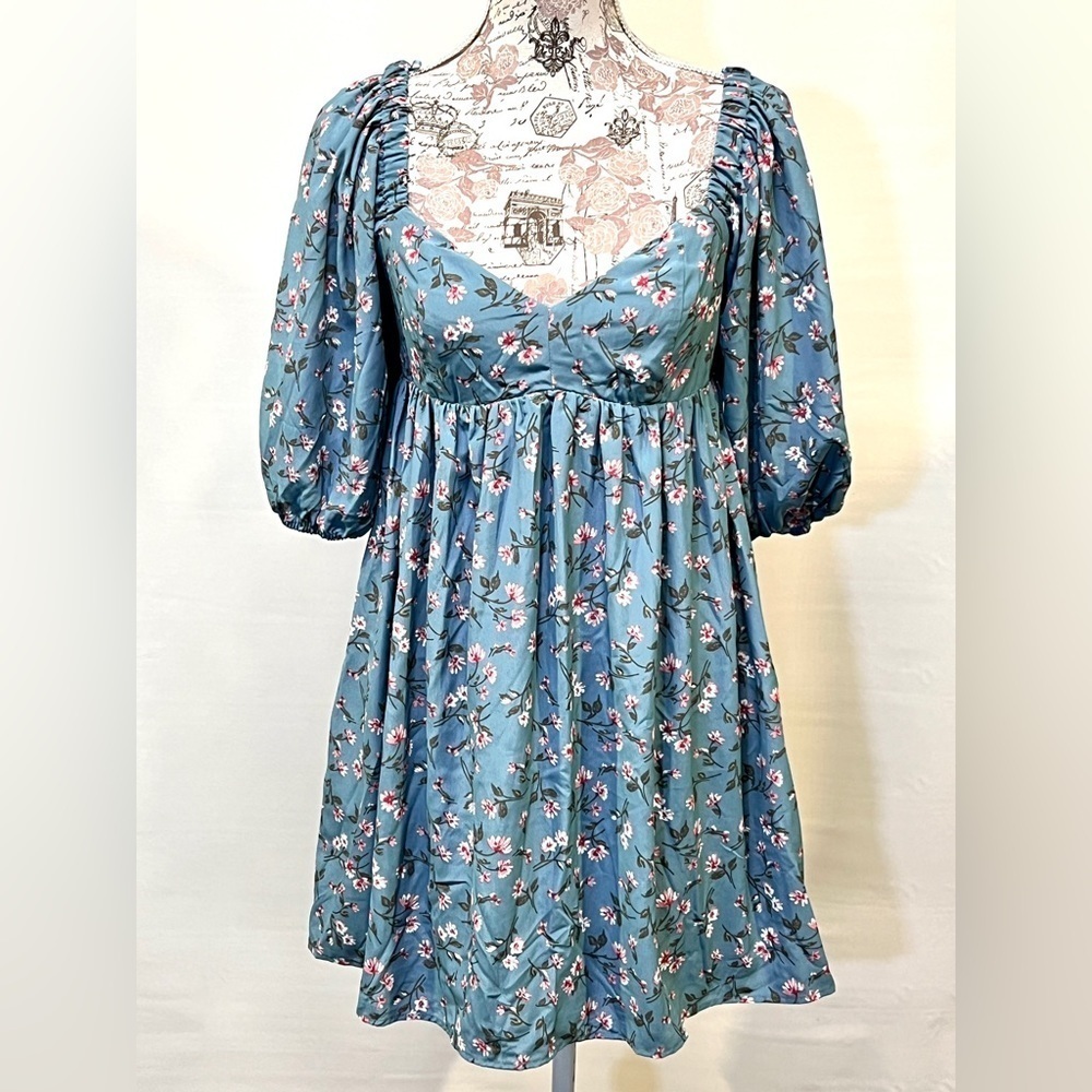 WAYF Cadet blue floral balloon sleeve babydoll dress size S.